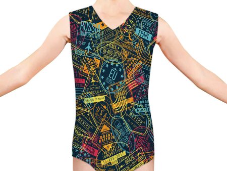 Dark Coloured Passport Stamps Designed Kids Swimsuit Cheap